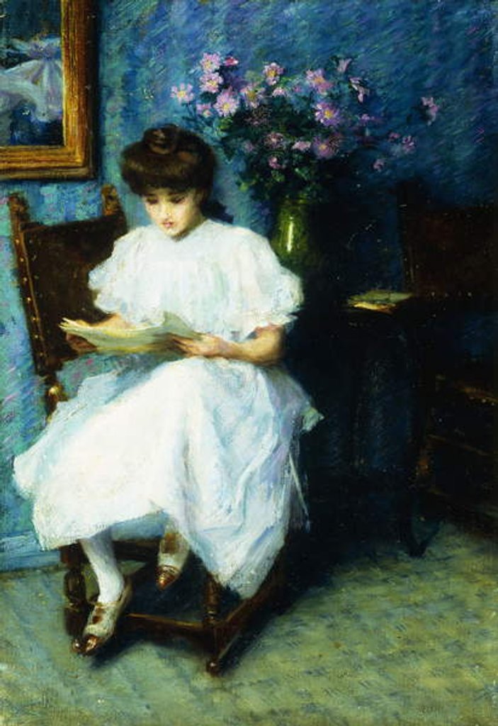 Detail of Reading in the Parlor, by School American