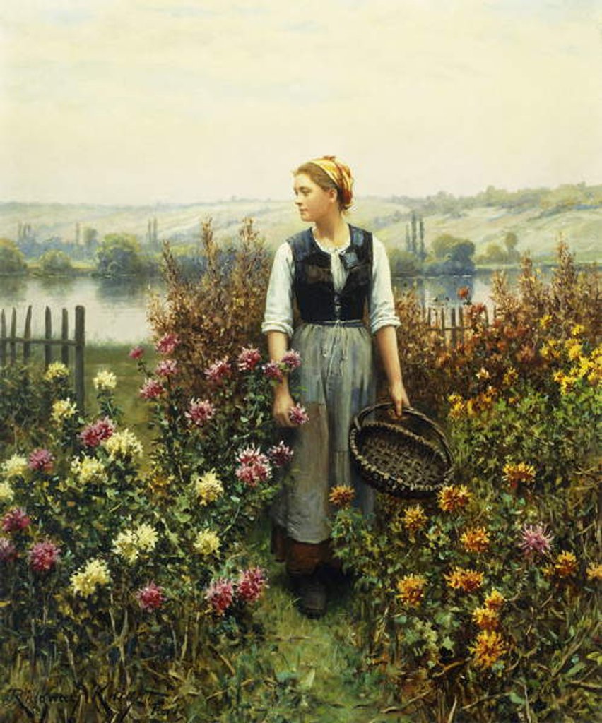 Detail of Girl with a Basket in a Garden, by Daniel Ridgway Knight
