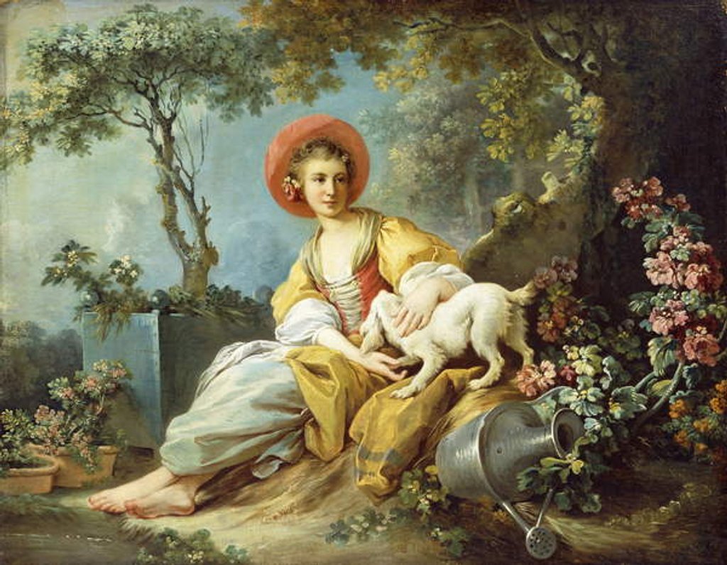 Detail of A Young Woman Seated with a Dog and a Watering Can in a Garden, by Jean-Honore Fragonard