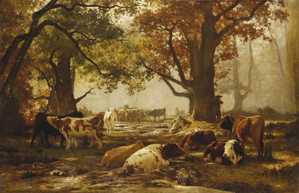 Detail of Cattle in a Wooded River Landscape by Auguste Francois Bonheur