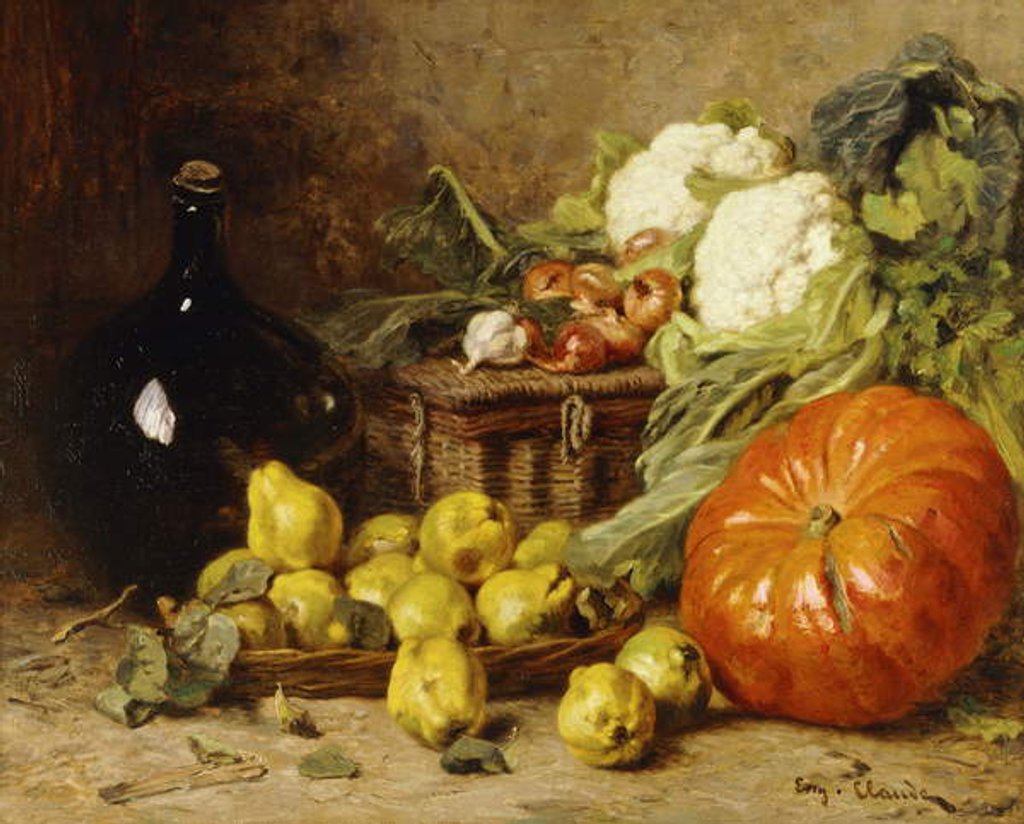 Detail of A Still Life with a Wine Flagon, a Basket, Pears, Onions, Cauliflowers, Cabbages, Garlic and a Pumpkin by Eugene Claude