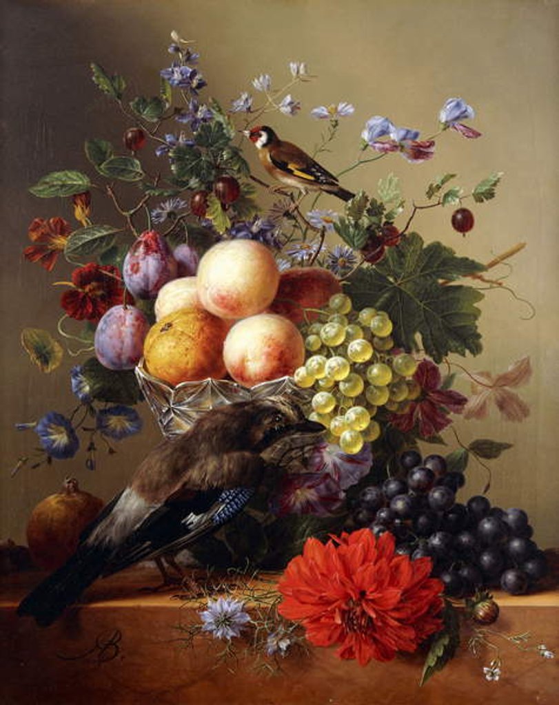 Detail of Peaches, Grapes, Plums and Flowers in a Glass vase with a Jay on a Ledge by Arnoldus Bloemers