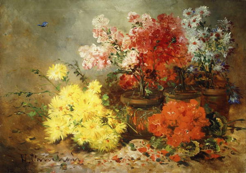 Detail of Daisies, Begonia, and Other Flowers in Pots by Eugene Henri Cauchois