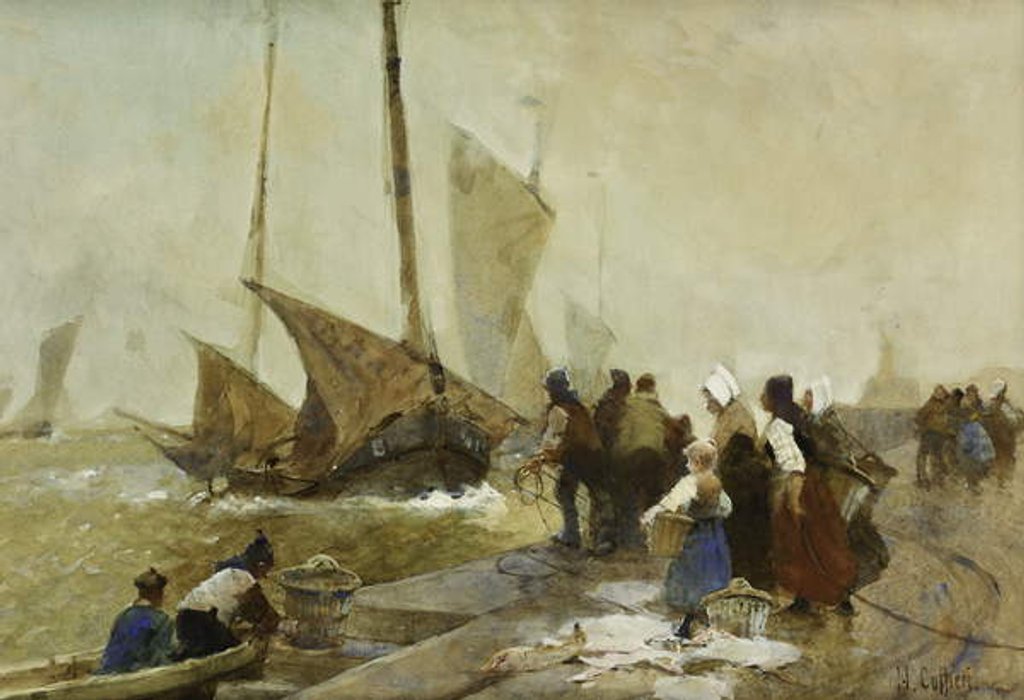 Detail of A Busy Quayside in Brittany with Fishing Boats Returning by Hector Caffieri