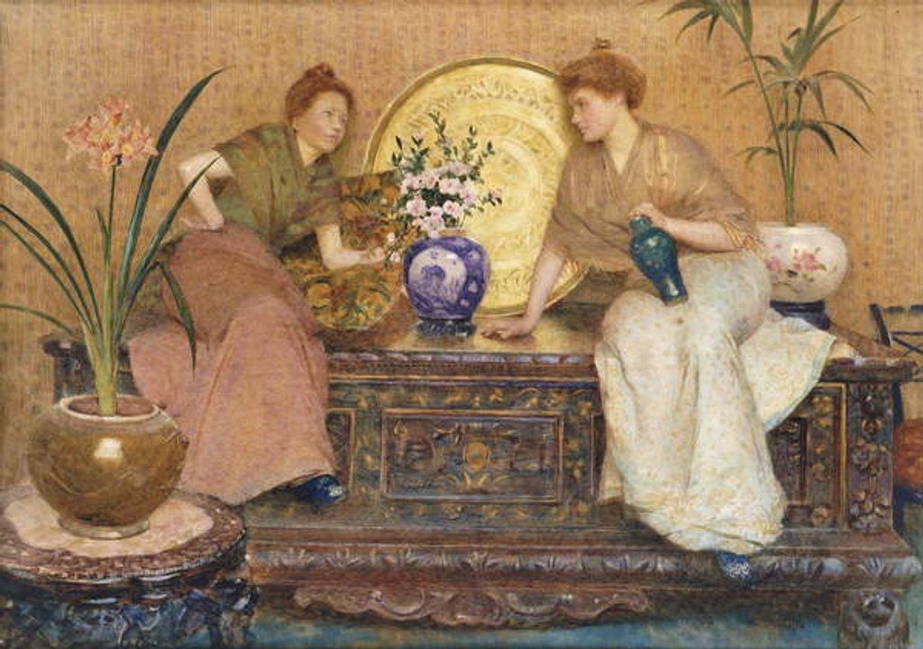 Detail of Two Ladies Sitting on a Chest by a Cairo Ware Tray and a Vase of Flowers by Hector Caffieri
