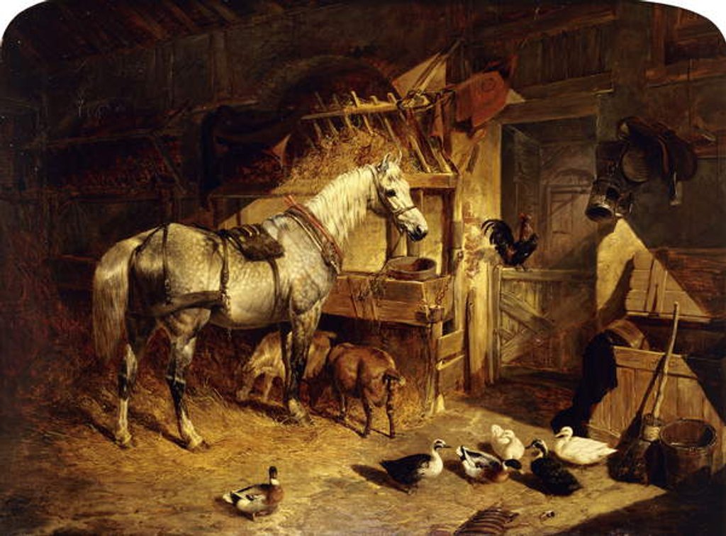 Detail of The Interior of a Stable with a Dapple Grey Horse in Harness, with Ducks, Goats, and a Cockerel by a Manger, 1843 by John Frederick Herring Snr