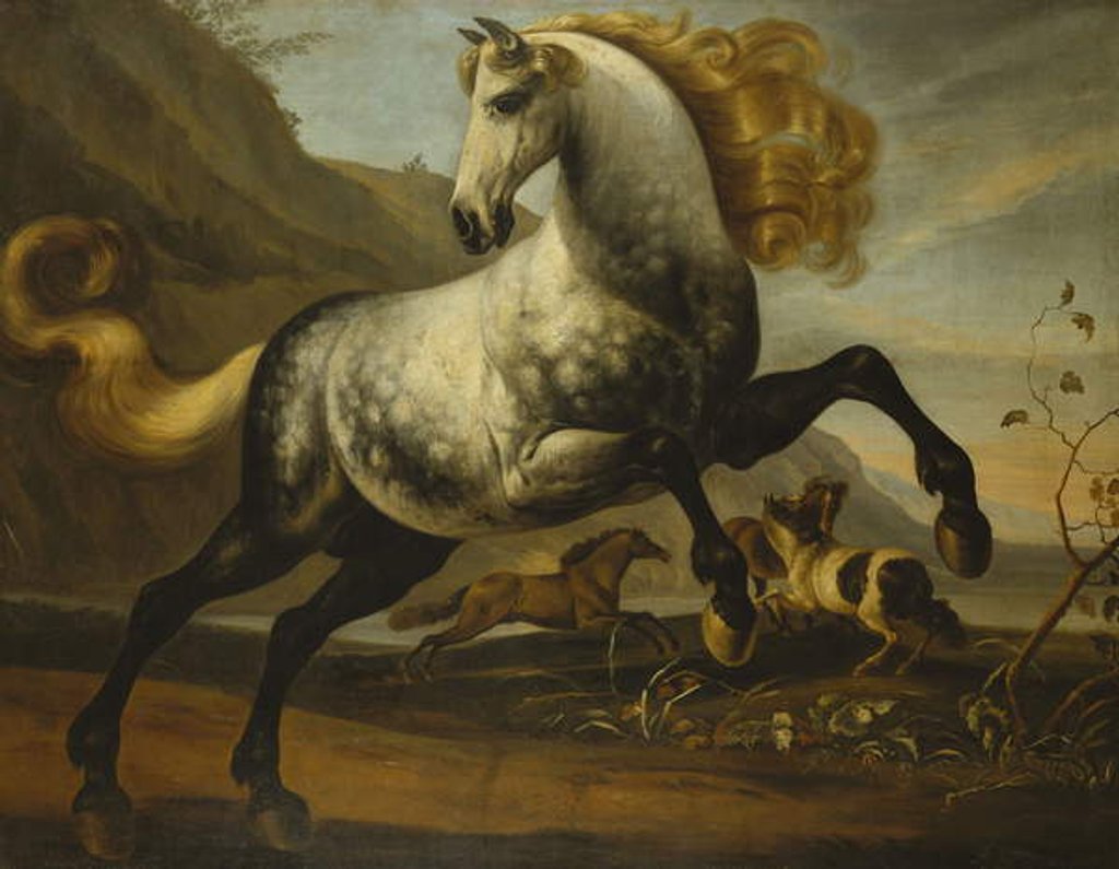 Detail of A Grey Prancing Stallion with Flowing Mane with Stallions Fighting in a Rocky Landscape by English School