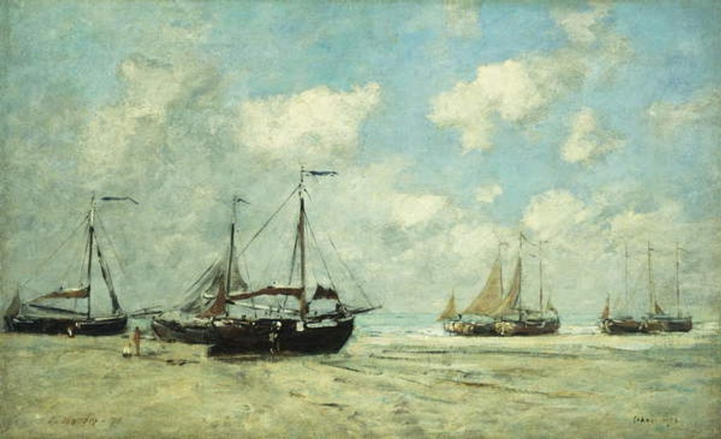 Detail of Boats on the Shore at Scheveningen; Scheveningue, Bateaux Echoues sur la Greve, 1875 by Eugene Louis Boudin