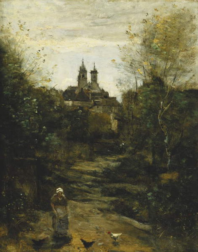 Detail of Semur, The Way to Church; Semur, Le Chemin de l'Eglise, c. 1855-1860 and 1872-1873 by Jean Baptiste Camille Corot
