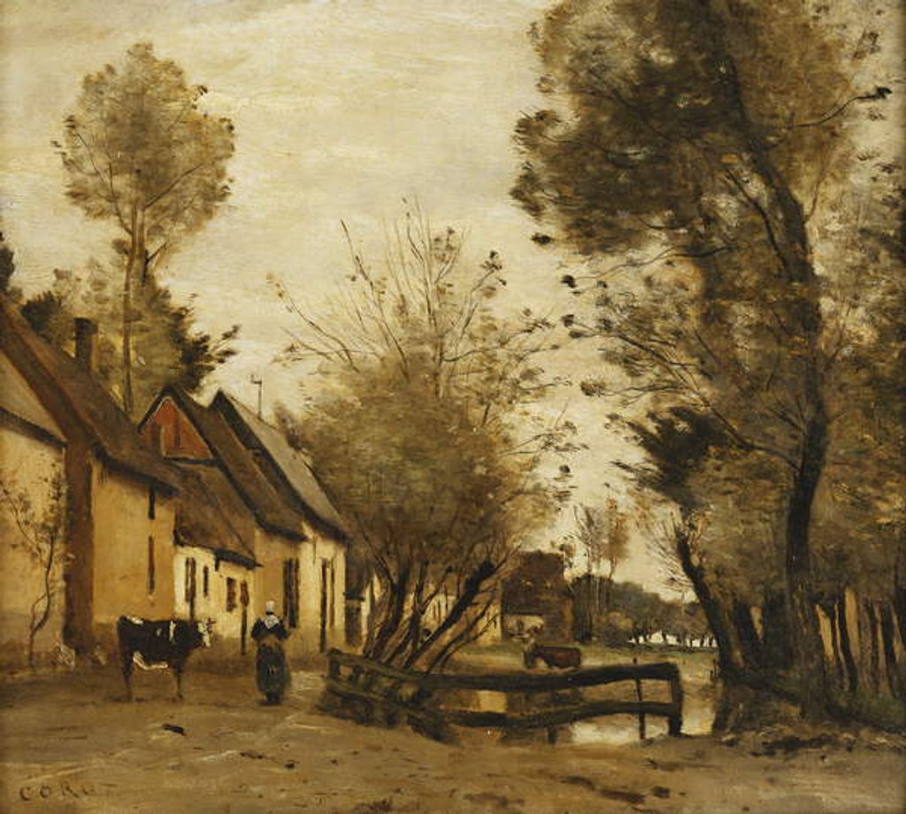 Detail of Flesselles, Street with Peasant and Cow; Flesselles, une Rue avec une Paysanne et sa Vache, c.1862-1865 by Jean Baptiste Camille Corot
