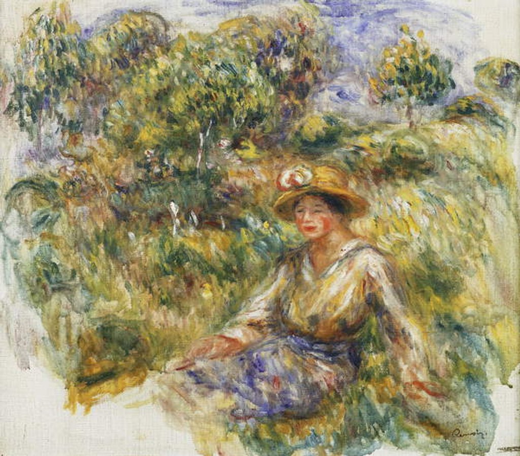Detail of Woman in a Blue Hat sitting on the Grass; Femme en Bleu en Chapeau assise Sur l'Herbe, c.1916 by Pierre Auguste Renoir