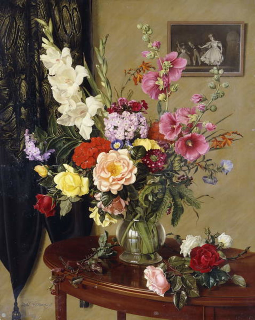 Detail of Still Life with Gladioli, Roses and Hollyhocks before an Embroidered Curtain by Albert Williams