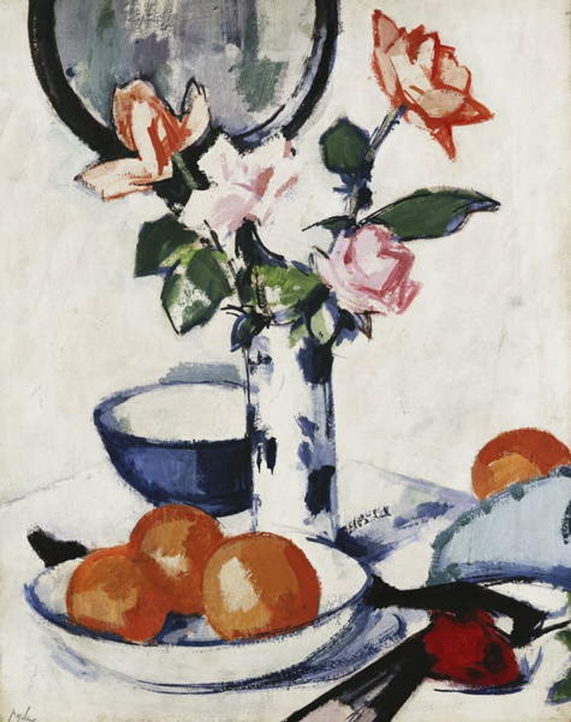 Detail of Pink and Tangerine Roses in a Blue and White Beaker Vase with Oranges in a Bowl and a Black Fan, c. 1924 by Samuel John Peploe