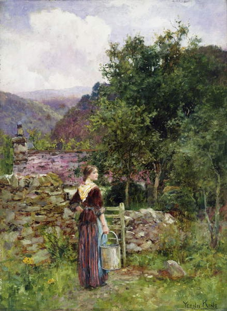 Detail of A Young Girl Standing Outside a Cottage Holding a Pail by Henry John Yeend King