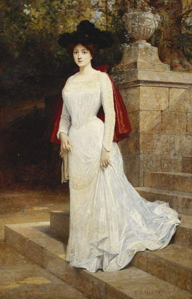 Detail of Portrait of a Lady, Standing Full Length, Wearing a Cream Dress and a Red Cloak by Diogene Ulysse Napoleon Maillart
