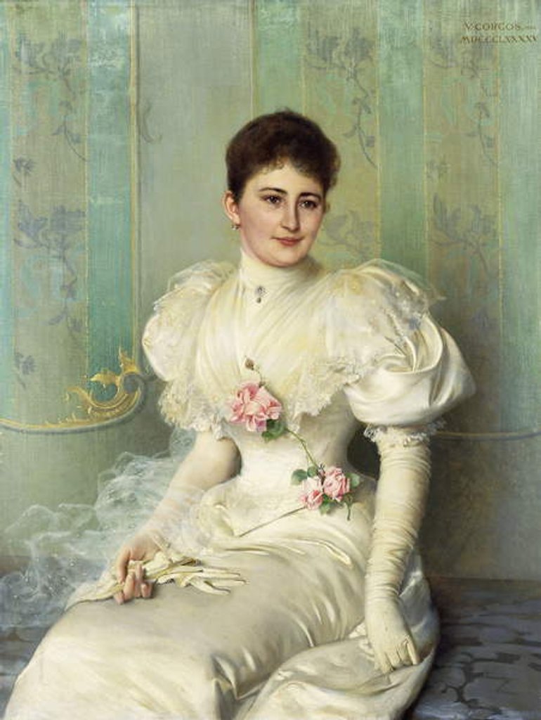 Detail of Portrait of a Lady, seated three quarter length, wearing a White Dress, 1895 by Vittorio Matteo Corcos