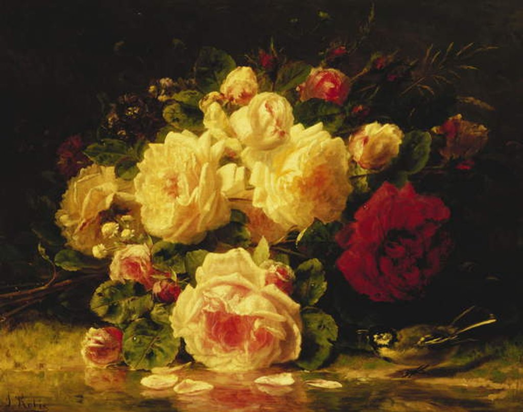 Detail of Roses with a Blue Tit by a Stream by Jean Baptiste Robie