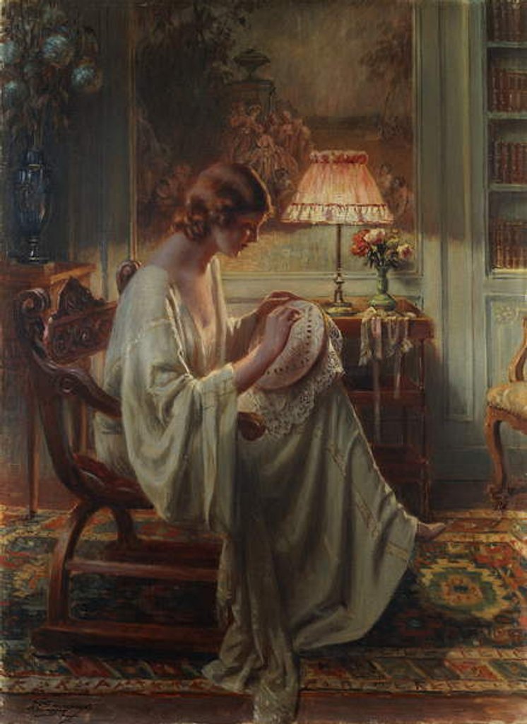 Detail of A Lady Sewing in an Interior by Delphin Enjolras