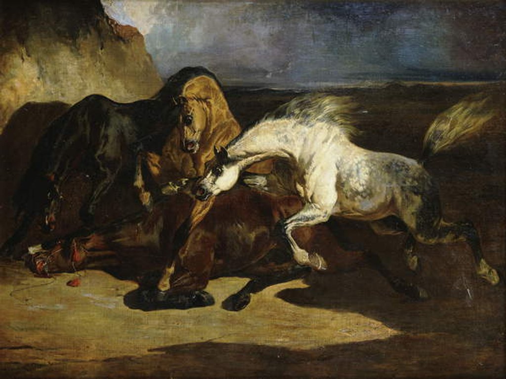 Detail of Stallions Fighting in a Stormy Landscape by Alfred Dedreux or de Dreux