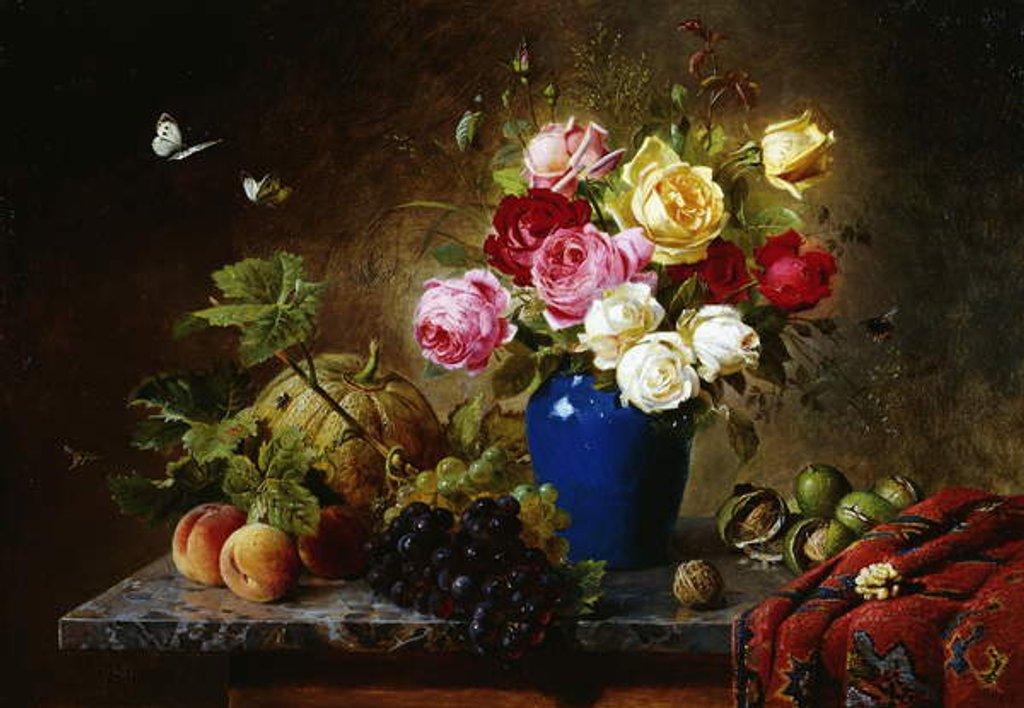 Detail of Roses in a Vase, Peaches, Nuts and a Melon on a Marbled Ledge, 1891 by Olaf August Hermansen
