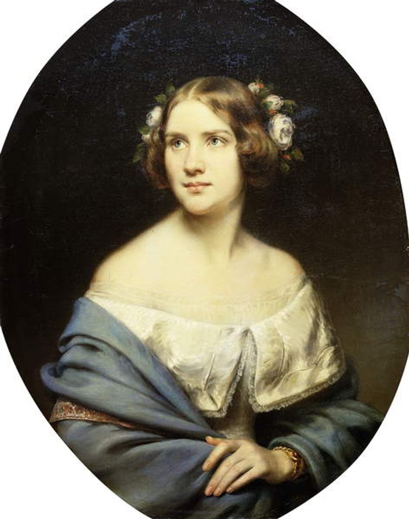 Detail of Portrait of Jenny Lind, standing half length in a White Dress and a Light Blue Shawl by Eduard Magnus