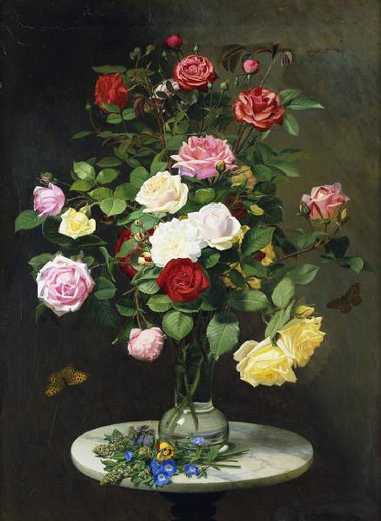 Detail of A Bouquet of Roses in a Glass Vase by Wild Flowers on a Marble Table, 1882 by Otto Didrik Ottesen