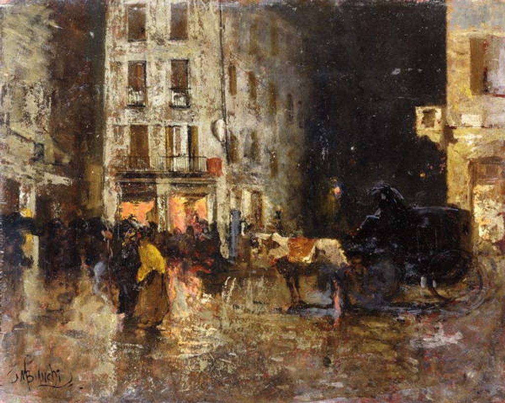 Detail of A Street Scene at Night by Mose Bianchi