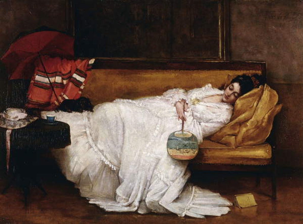 Detail of A Girl with a Japanese Fan Asleep on a Sofa, by Alfred Emile Stevens