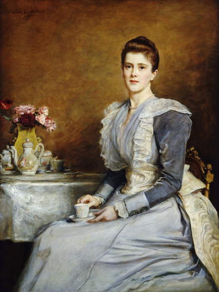 Detail of Portrait of Mrs. Joseph Chamberlain, seated three-quarter length at a tea-table, wearing a grey and white dress, 1891 by John Everett Millais