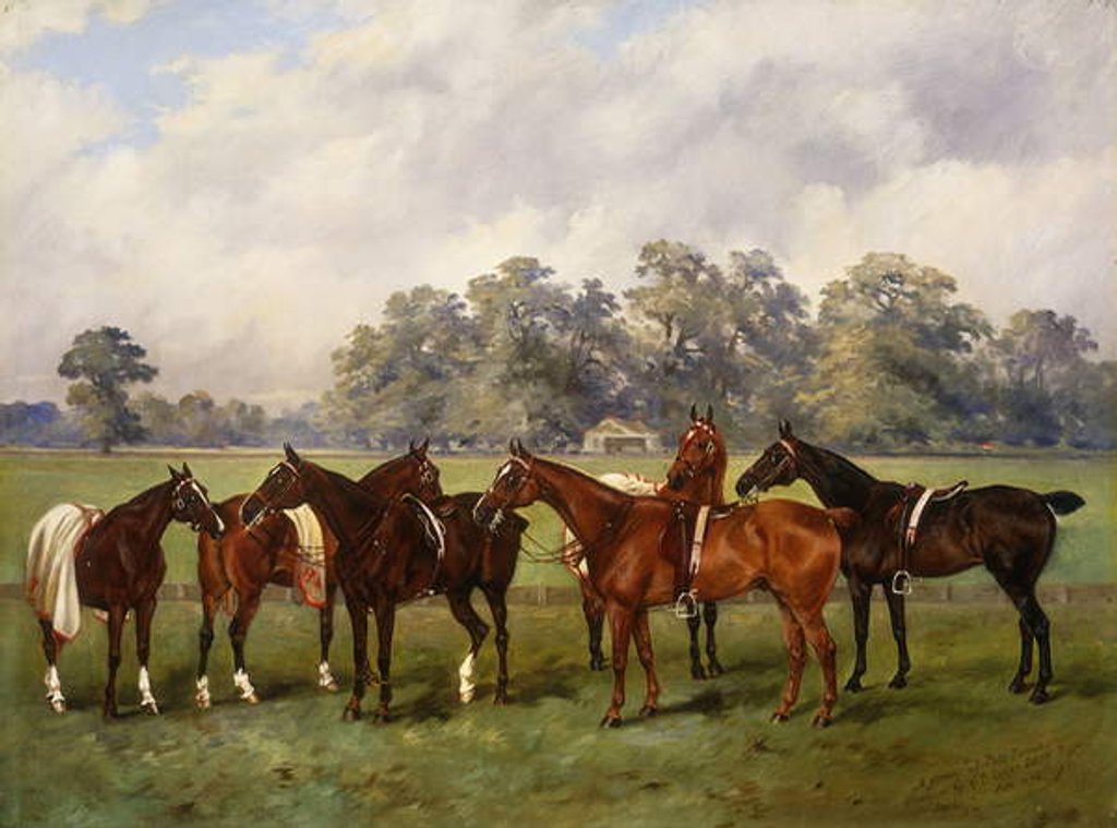 Detail of A Group of Polo Ponies, Dainty, Gold, Redskin, Miss Edge, and Piper, the Property of Sir Humphrey de Trafford, Bart, 1895 by Henry Frederick Lucas-Lucas