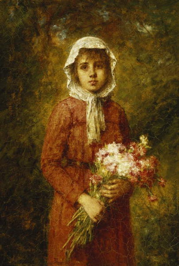Detail of A Young Girl Holding a Bouquet of Flowers, by Alexei Alexevich Harlamoff