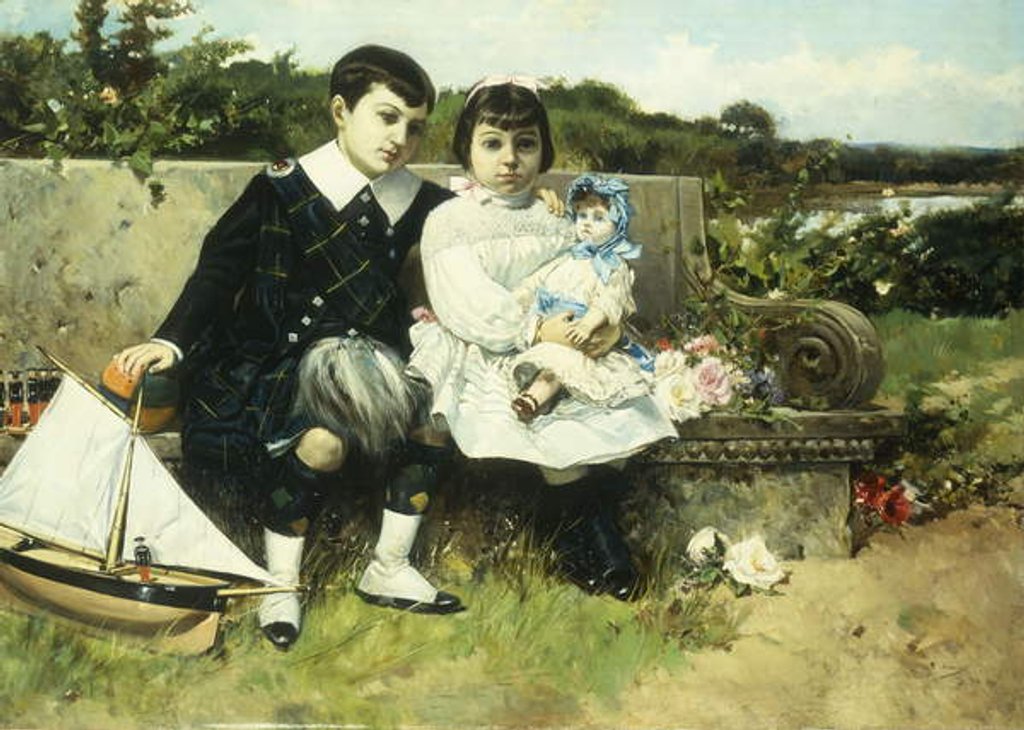 Detail of Two Children Seated on a Park Bench, 1882 by Mariano Barbasan Lagueruela