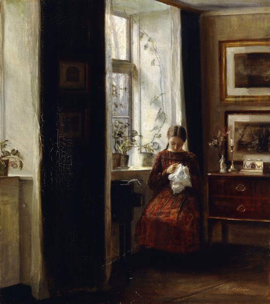 Detail of A Young Girl Sewing by Carl Holsoe