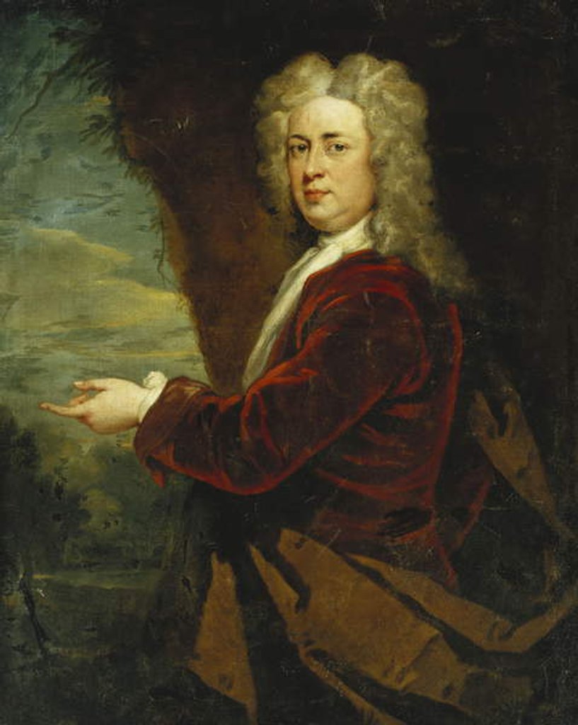 Detail of Portrait of a Gentleman, Standing half length, Wearing a Red Velvet Jacket and a Brown Cloak in a Park by Godfrey Kneller