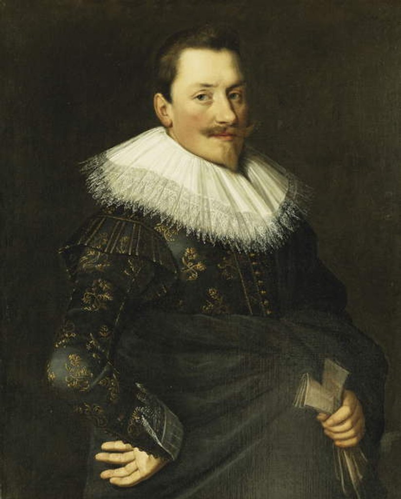 Detail of Portrait of a Gentleman, Standing half length, Wearing a Blue Costume with Gold Embroidery and a White Lace Collar by Paulus Moreelse
