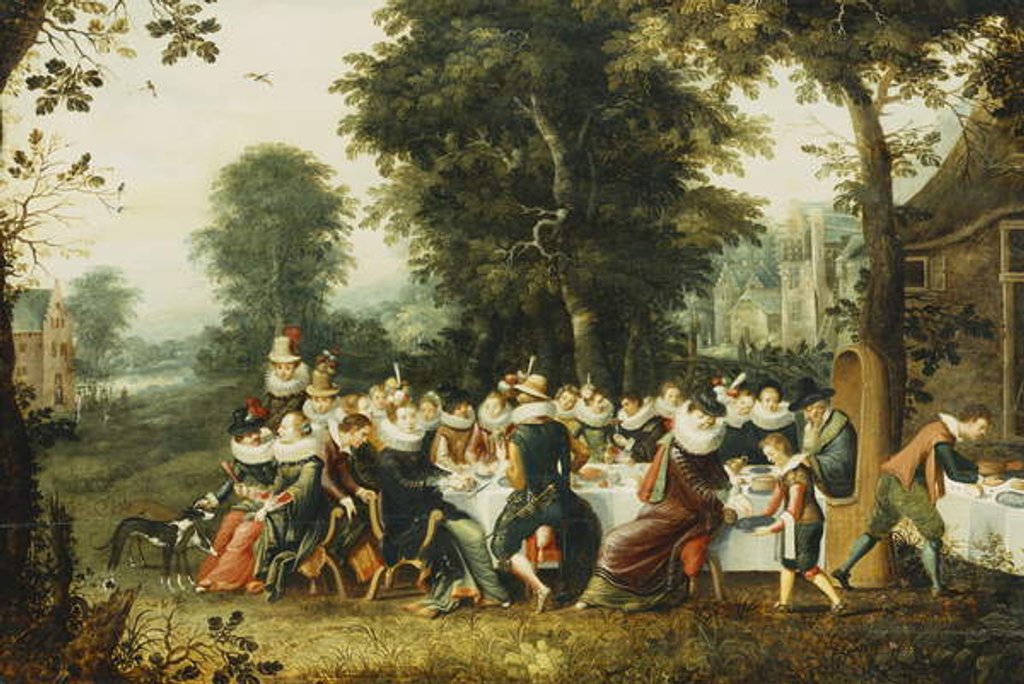 Detail of Elegant Figures Seated at a Banquet Table in a Wooded Clearing by Christoffel Jacobsz van der Lamen