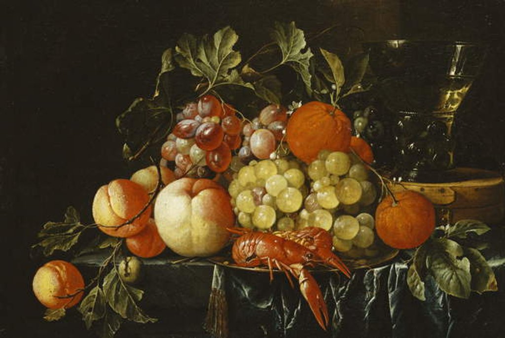 Detail of Peaches, Oranges, Grapes and Langoustines on a Pewter Plate and a Conical Roemer on a Box on a Partially Draped Ledge by Cornelis de Heem
