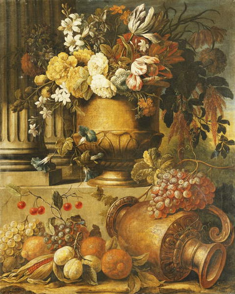 Detail of A Corncob and an Overturned Pitcher by an Obelisk and Two Fluted Columns in Landscapes by Gaspar Pieter II Verbruggen