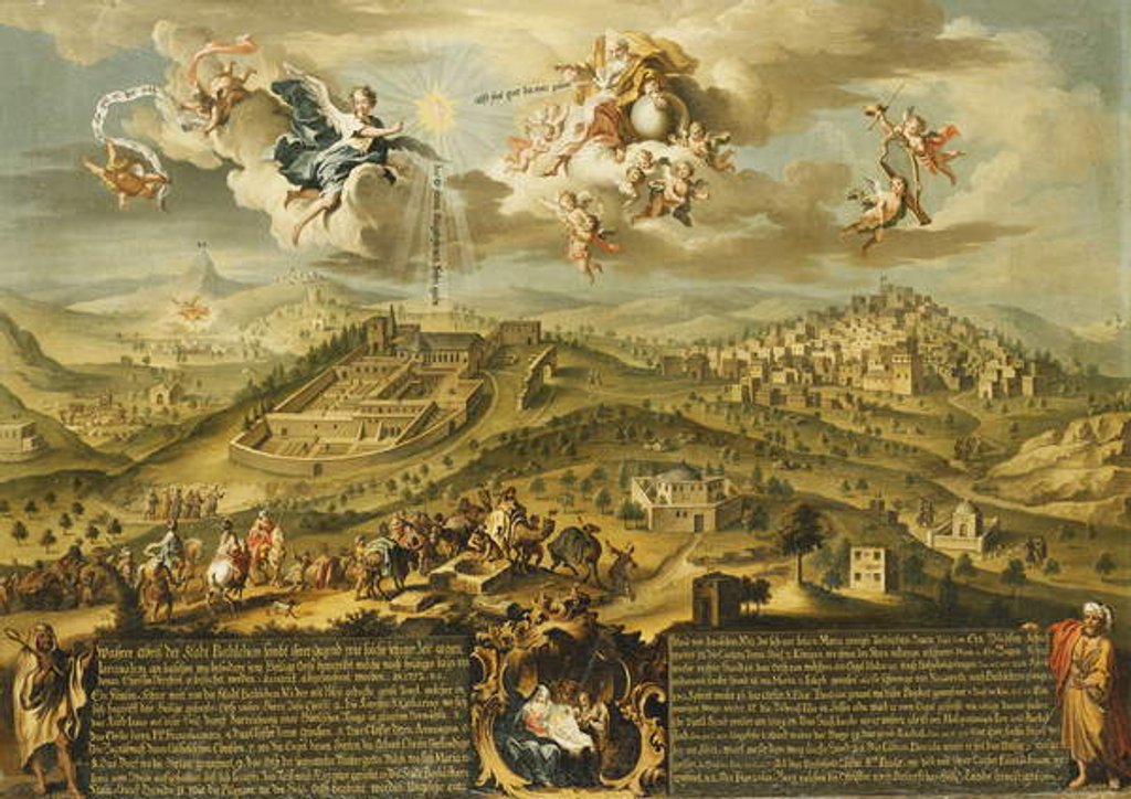 Detail of A View of Bethlehem with the Journey of the Magi, the Trinity Above and the Nativity in a Painted Cartouche Below, 1752 by Joseph Stephan