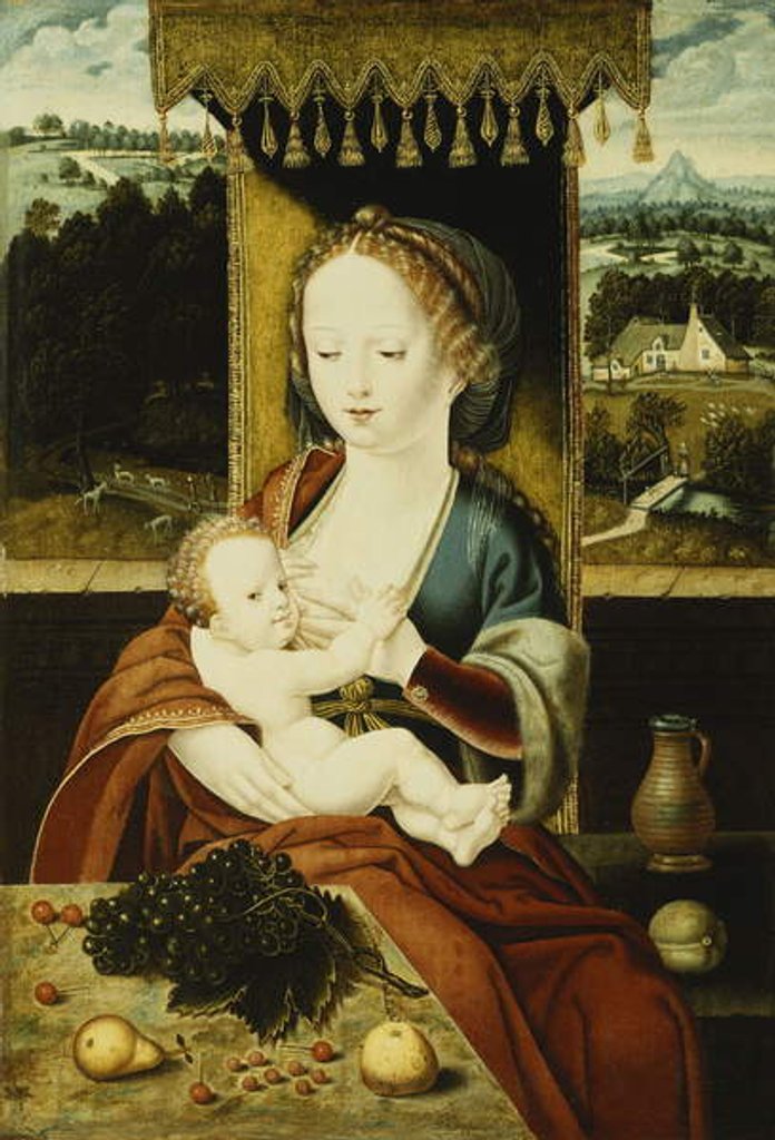 Detail of The Madonna and Child, Seated Under a Canopy, at a Table with Fruit, in a Landscape by Joos van Cleve