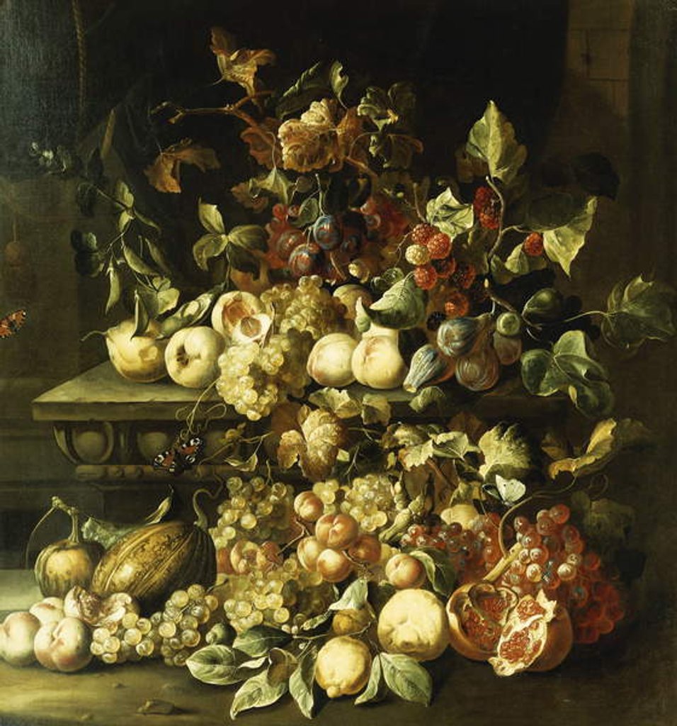Detail of Grapes, Figs, Raspberries and Other Fruit on a Stone Ledge by Alexander Coosemans