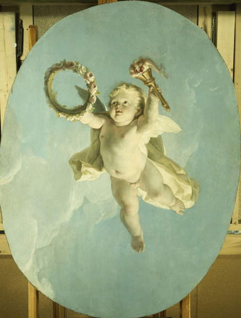 Detail of A Putti in Flight Holding a Wreath and a Torch by Francois Boucher