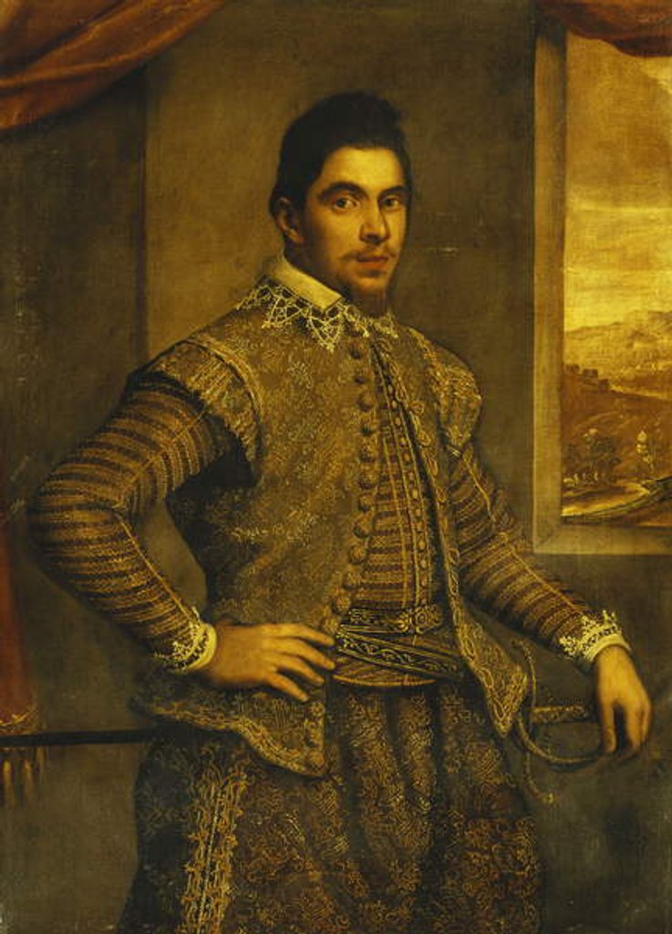 Detail of Portrait of a Gentleman, Standing Three-Quarter Length, Wearing an Elaborately Embroidered Costume, Before a Window, a Landscape Beyond by Domenico Robusti Tintoretto