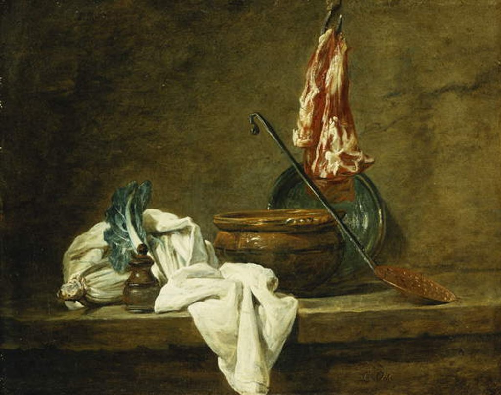 Detail of Beets, a Spice Box, a Dishcloth, a Pot, a Glazed Earthenware Plate, a Skimmer, with Meat on a Hook, on a Ledge, 1734 by Jean-Baptiste Simeon Chardin
