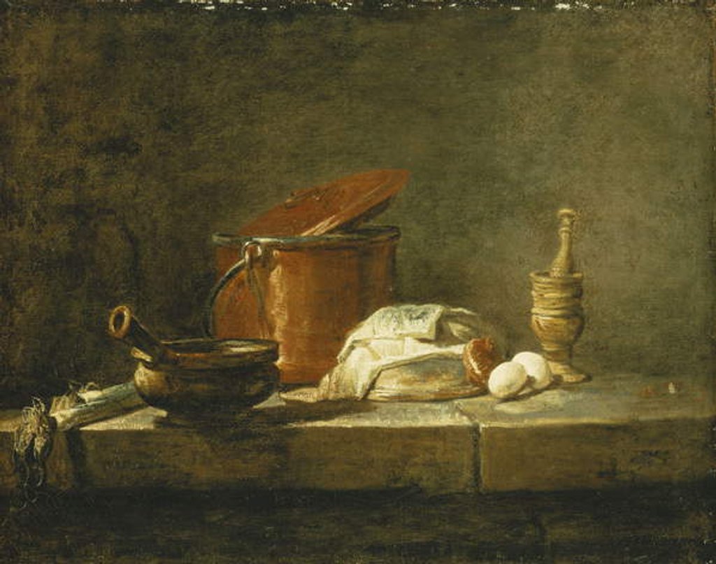 Detail of Leeks, a Casserole, a Copper Pot with a Cover, a Slice of Fish, an Onion and Two Eggs, with a Pestle and Mortar, on a Ledge, 1734 by Jean-Baptiste Simeon Chardin