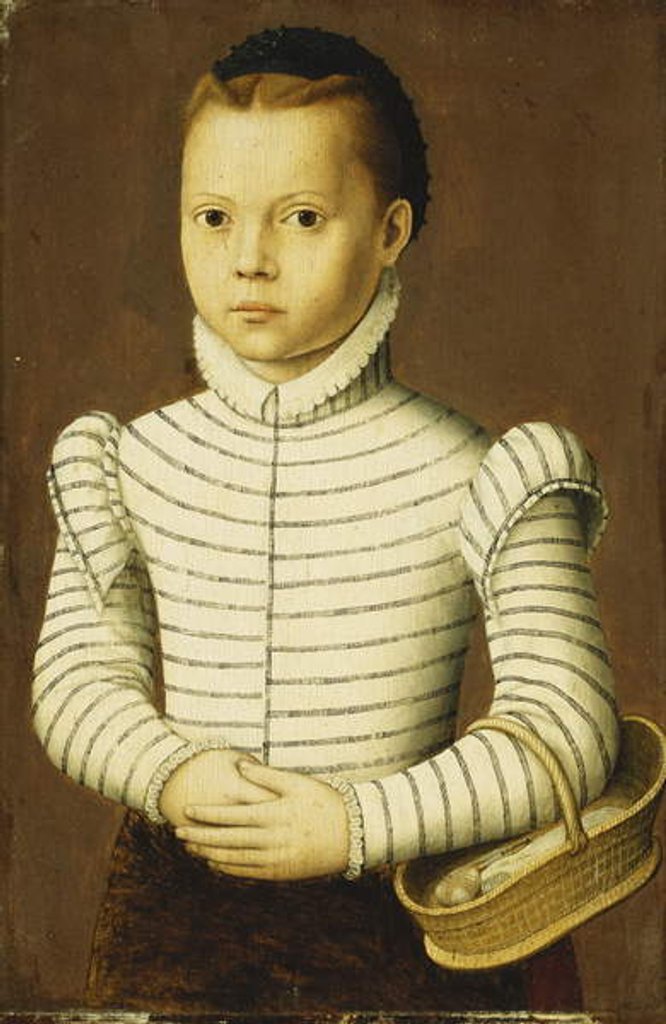 Detail of Portrait of a Young Girl Wearing a Black and White Costume Holding a Basket by Pieter Jansz. Pourbus