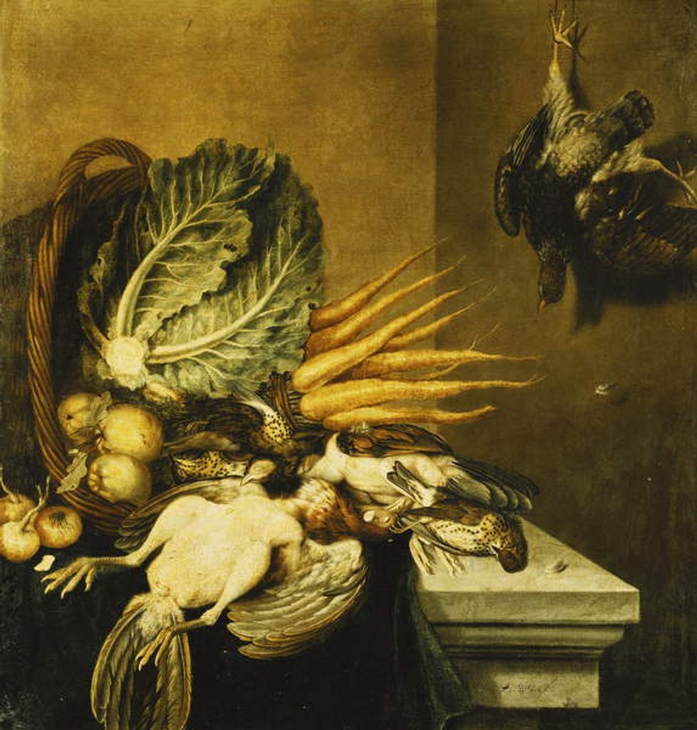 Detail of An Overturned Basket of Fowl, Turnips, Apples, Onions and a Cabbage on a Ledge Draped with a Green Cloth by Jacobus Biltius