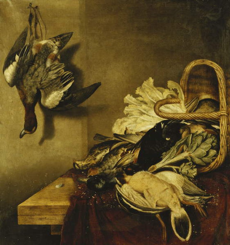 Detail of An Overturned Basket of Fowl, a Hare, an Artichoke and Lettuce on a Ledge Draped with a Red Cloth by Jacobus Biltius