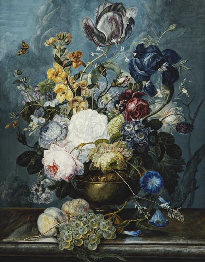Detail of Roses, a Tulip, an Iris, Dahlias, Lamium, Forget-me-nots, Convolvulus, Auricula and Delphiniums in a Vase with Grapes and Peaches on a Stone Ledge by Ladislaus Tumal