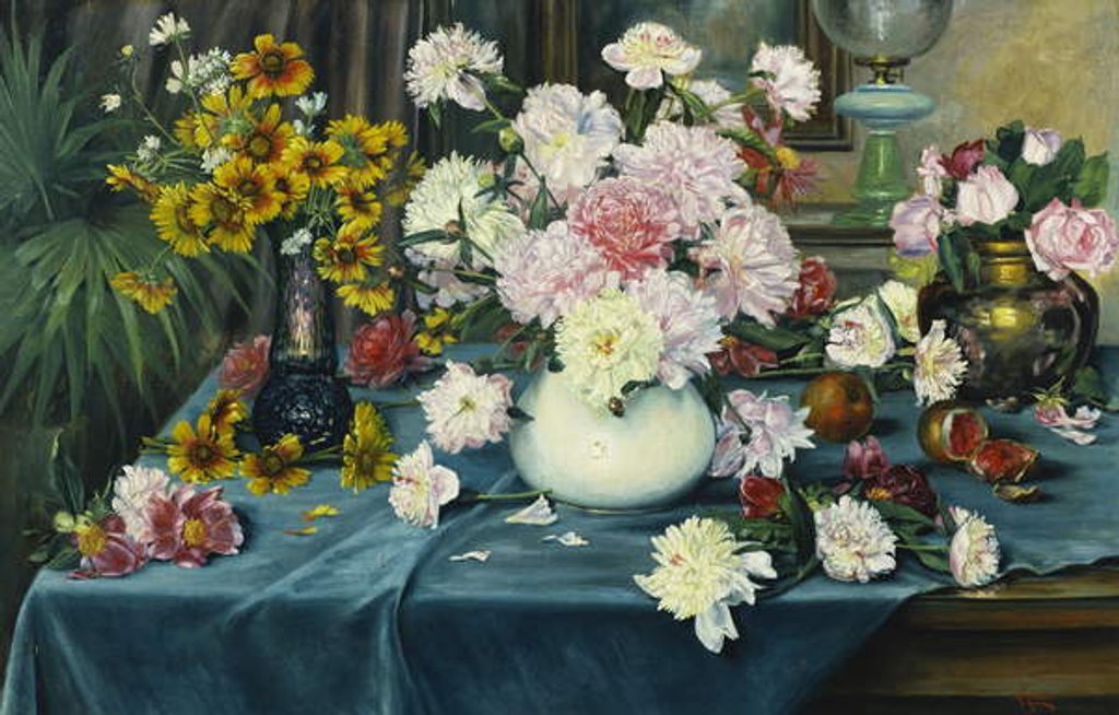 Detail of Peonies, Roses and other Flowers in Vases on a Table draped with a Blue Cloth, 1913 by Anna Knittel